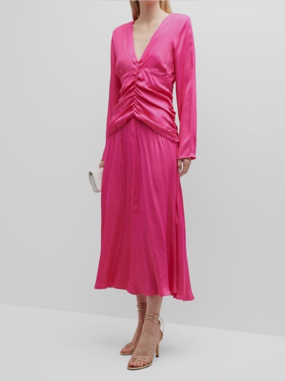 Farm Rio Women's‎ Pink Long Sleeve Ruched-Waist Midi Dress Size M